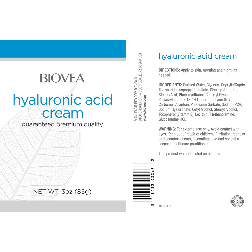 biovea hyaluronic acid cream 85g label