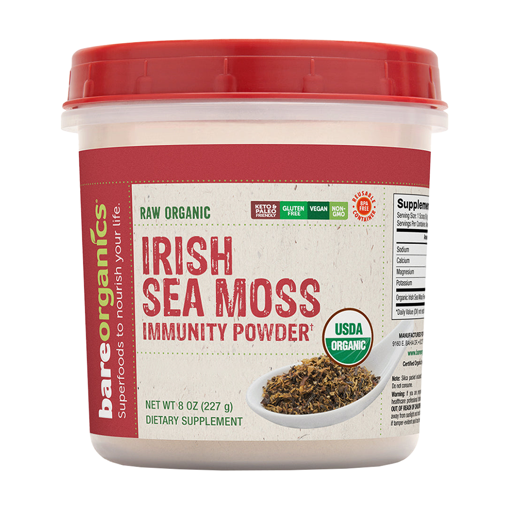 bareorganics irländsk havsmossa immunitetspulver 227gr förpackningsstorlek främre omslag
