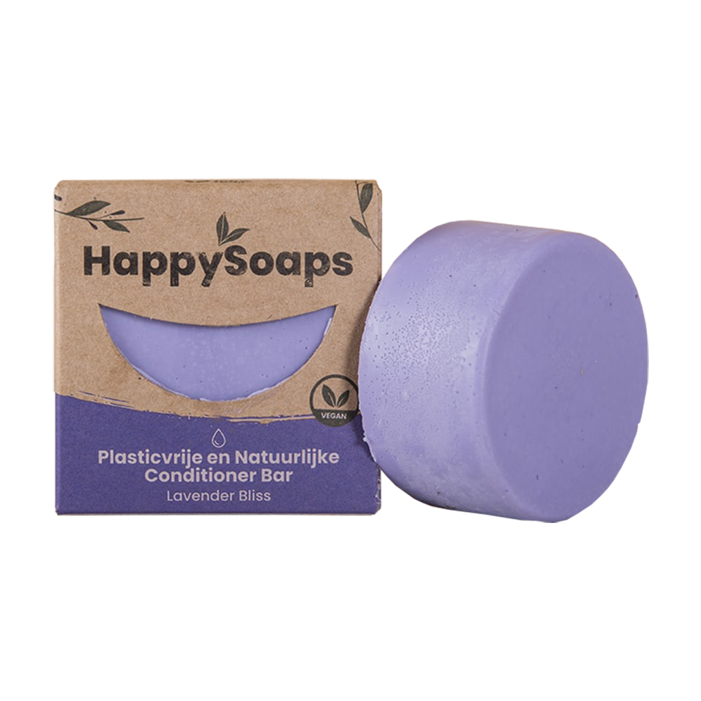 plastic-free and natural conditioner bar against yellow shades lavender bliss eco-friendly packaging