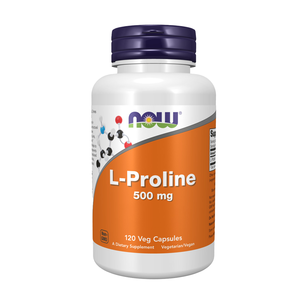 NOW Foods L-Proline 500 mg 120 Veg Capsules Front.