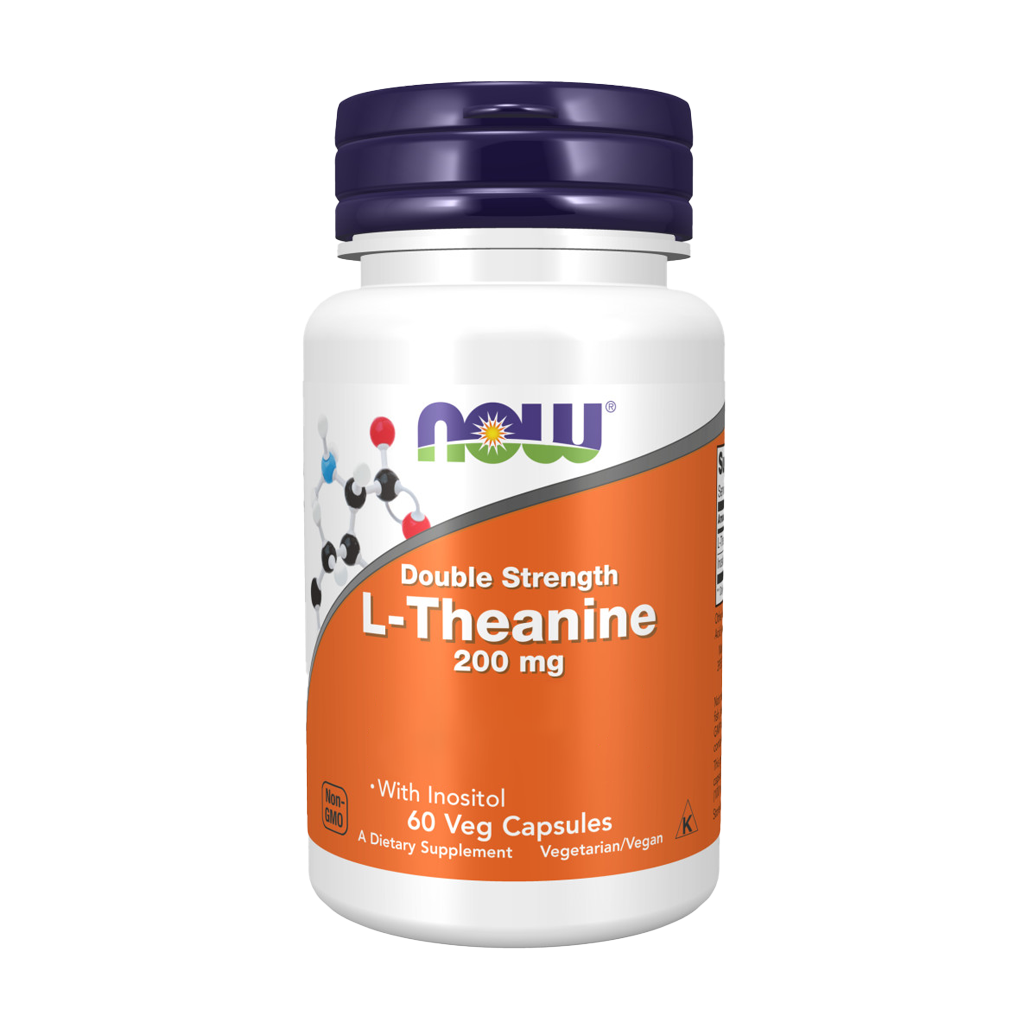 NOW Foods L-Theanine, Double Strength 200 mg - 60 Veg Capsules Front.